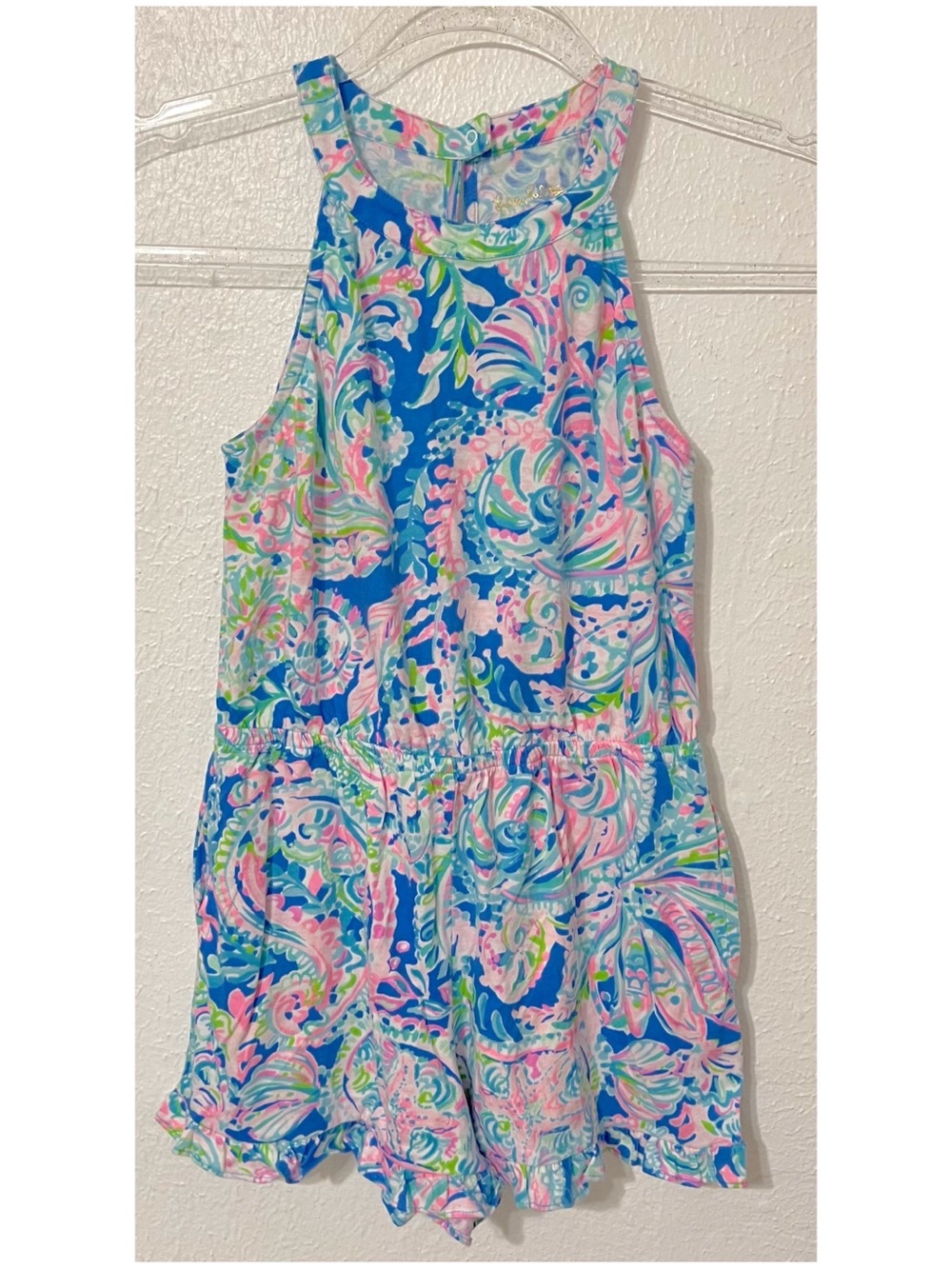 Lilly Pulitzer Blue Pink Green Paisley Sleeveless Romper Multi Dream Team Print